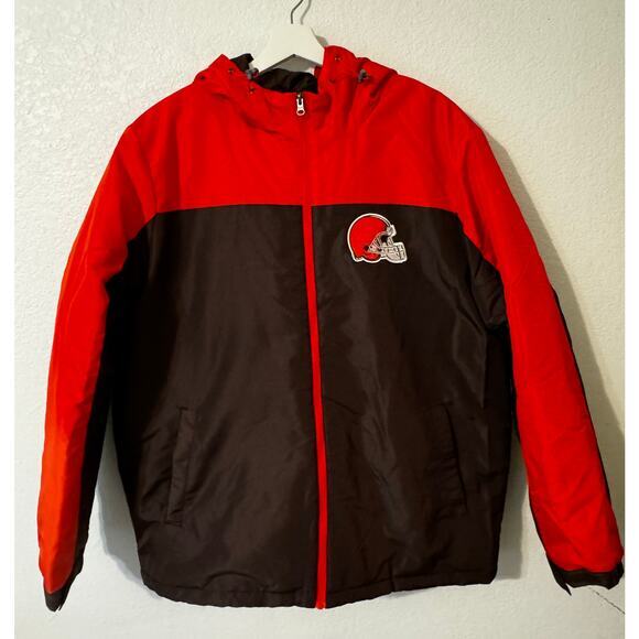 GIII Apparel Group NFL Browns Hooded Puffer Jacket Brown & Orange‎ Size XL - Picture 1 of 11